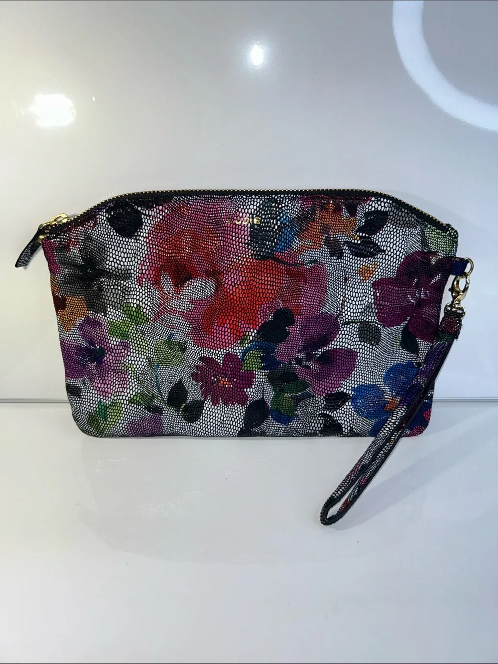 NWOT Lodis Brand Genuine Leather Colorful Floral Print Clutch Wristlet